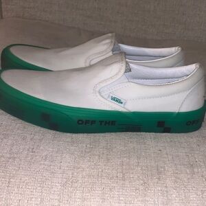 Vans White Slip-On Sneakers with Green Midsole